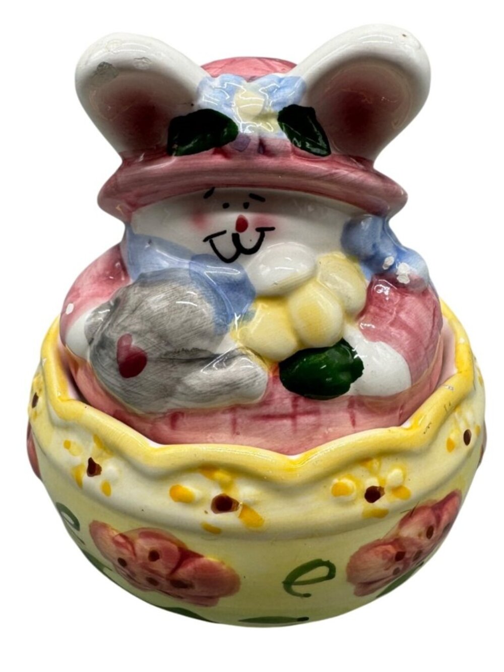 Vintage Ceramic Bunny Jar with Hat & Flowers Lid Pastel Colors 5" READ
